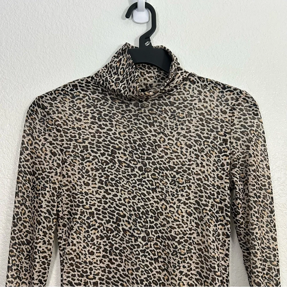 Sheer Mesh Cheetah Print Mock Neck Long Bell Sleeve Mini Dress Beach Cover Up